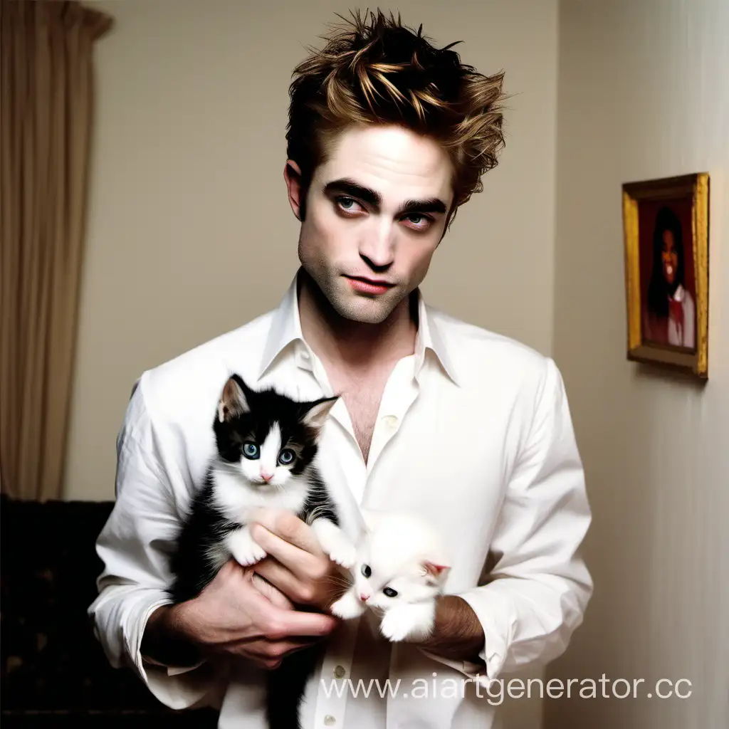 Robert Pattinson stands next to Michael Jackson in a beautiful and cute room, and in their hands, they hold a cute kitten 'Hello Kitty'.