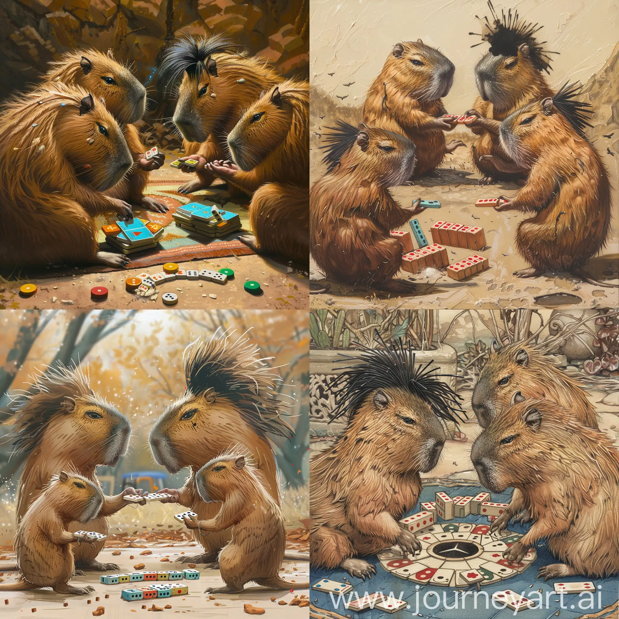 Capybara-Family-Enjoying-Dominoes-Game-with-Stylish-Hairdo