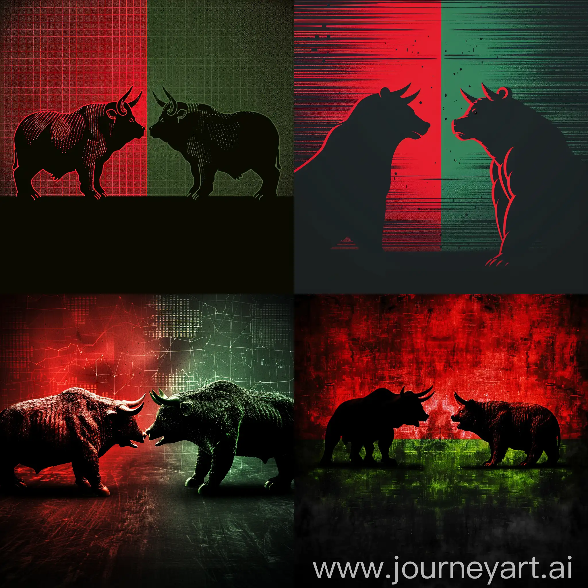 red and green trading background with bulls and bears standing face to face