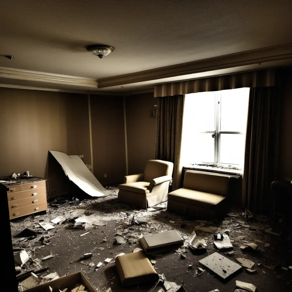 Chaotic Scene Devastated Hotel Room with Scattered Debris