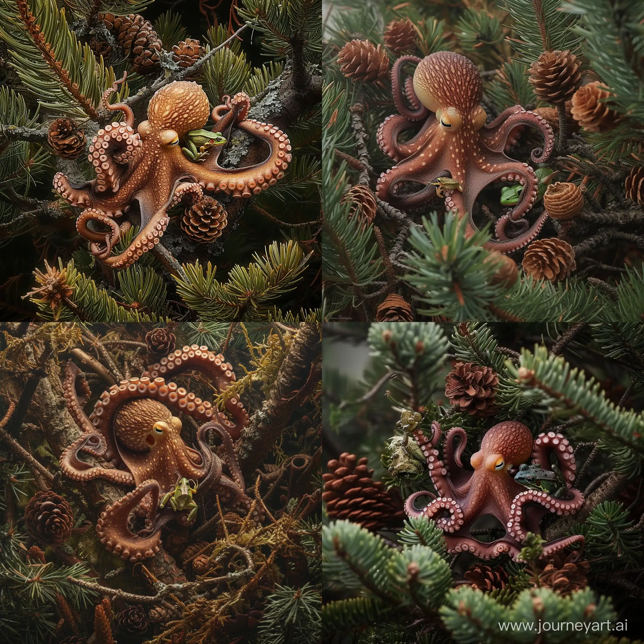 Rare-Small-Brown-Octopus-Captures-Frog-in-Pine-Rainforest