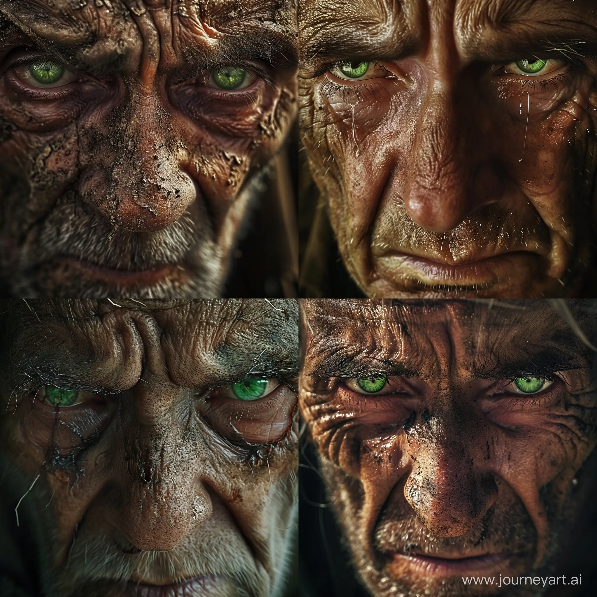 hyper realistic close up photo of sad homeless person. show details of face including wrinkles and dirt. green teary eyes. 