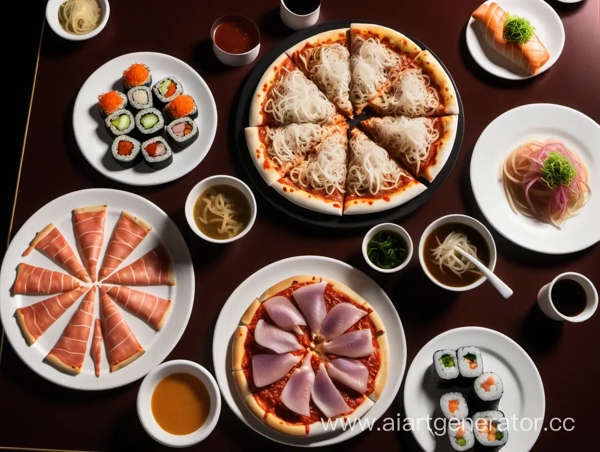Diverse-Culinary-Delights-on-a-Shared-Table-Pizza-Onion-Soup-Sushi-and-Hamburger
