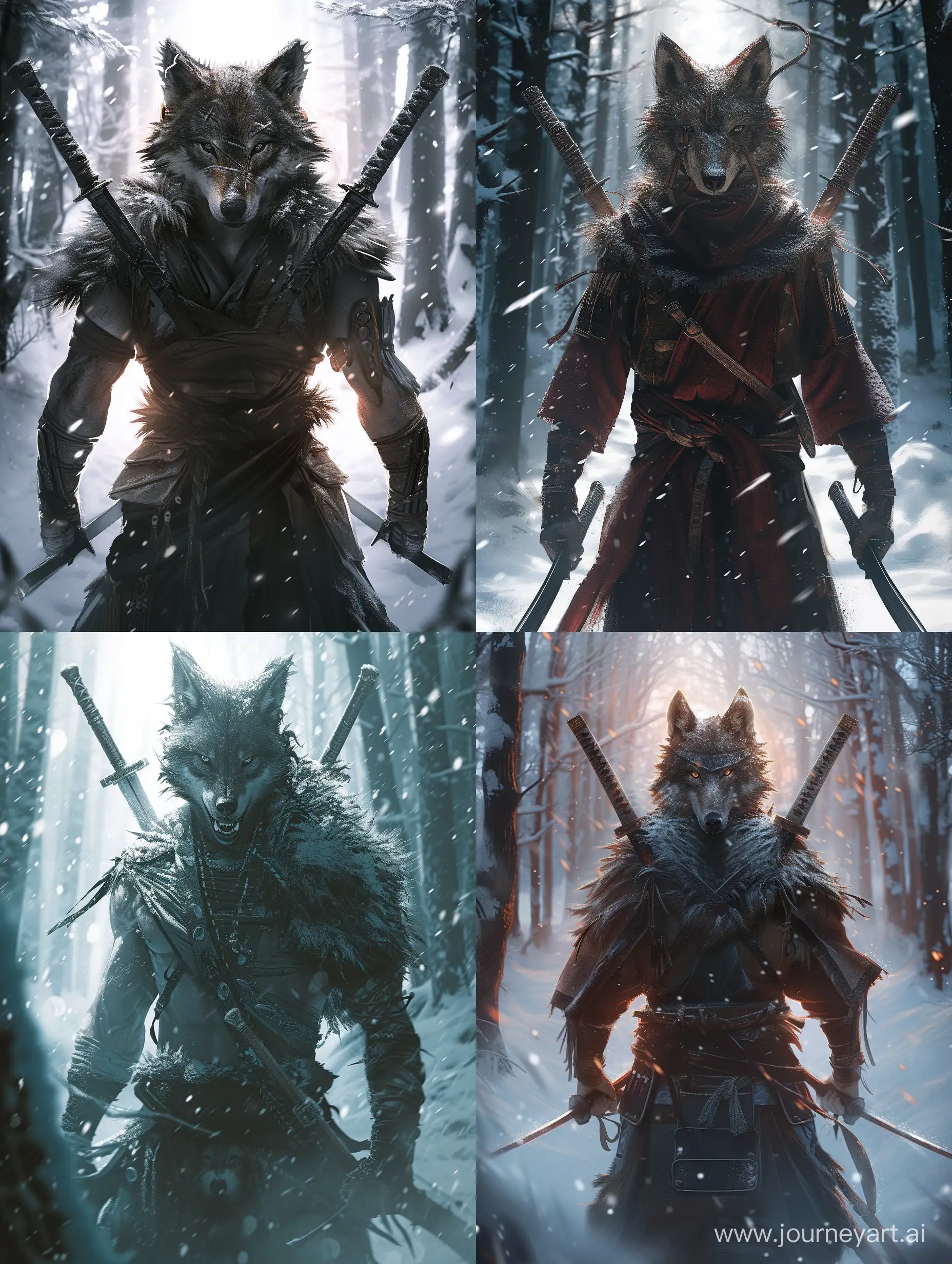 A warrior with a wolf's head and a human body, two swords on his back,in snowy forest,fierce,Detailed clothing.incredible detail,dark light,terrifying,Digital Art.
