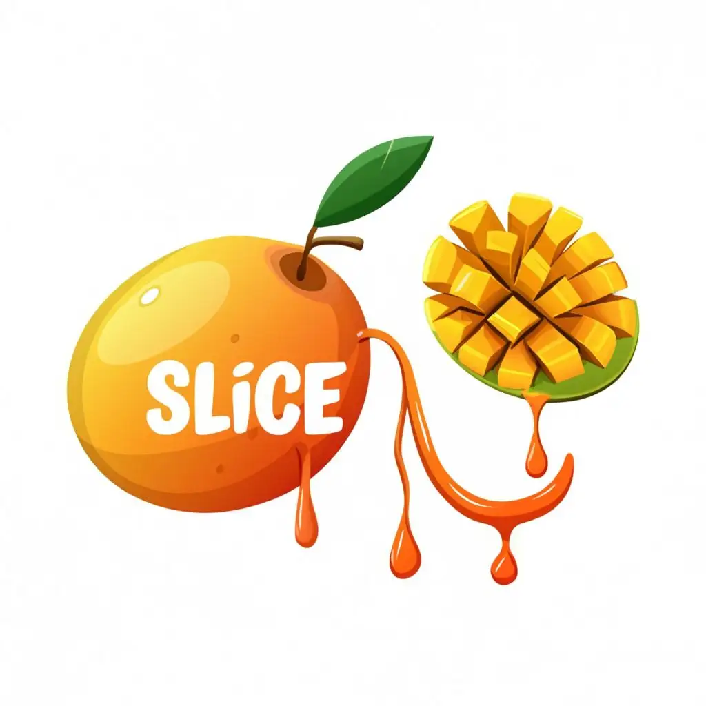 logo, mango, mango slice , mango juice falling down from mango slice, with the text "slice", typography