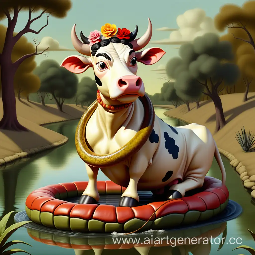 An anthropomorphic cow, drawn in the style of Frida Kahlo, riding a snake floating along the Moloch River  #sharp focus #elegant #bright #studio setting #oil on canvas #cinematic lighting #very attractive #beautiful #imperial colors #fantastic