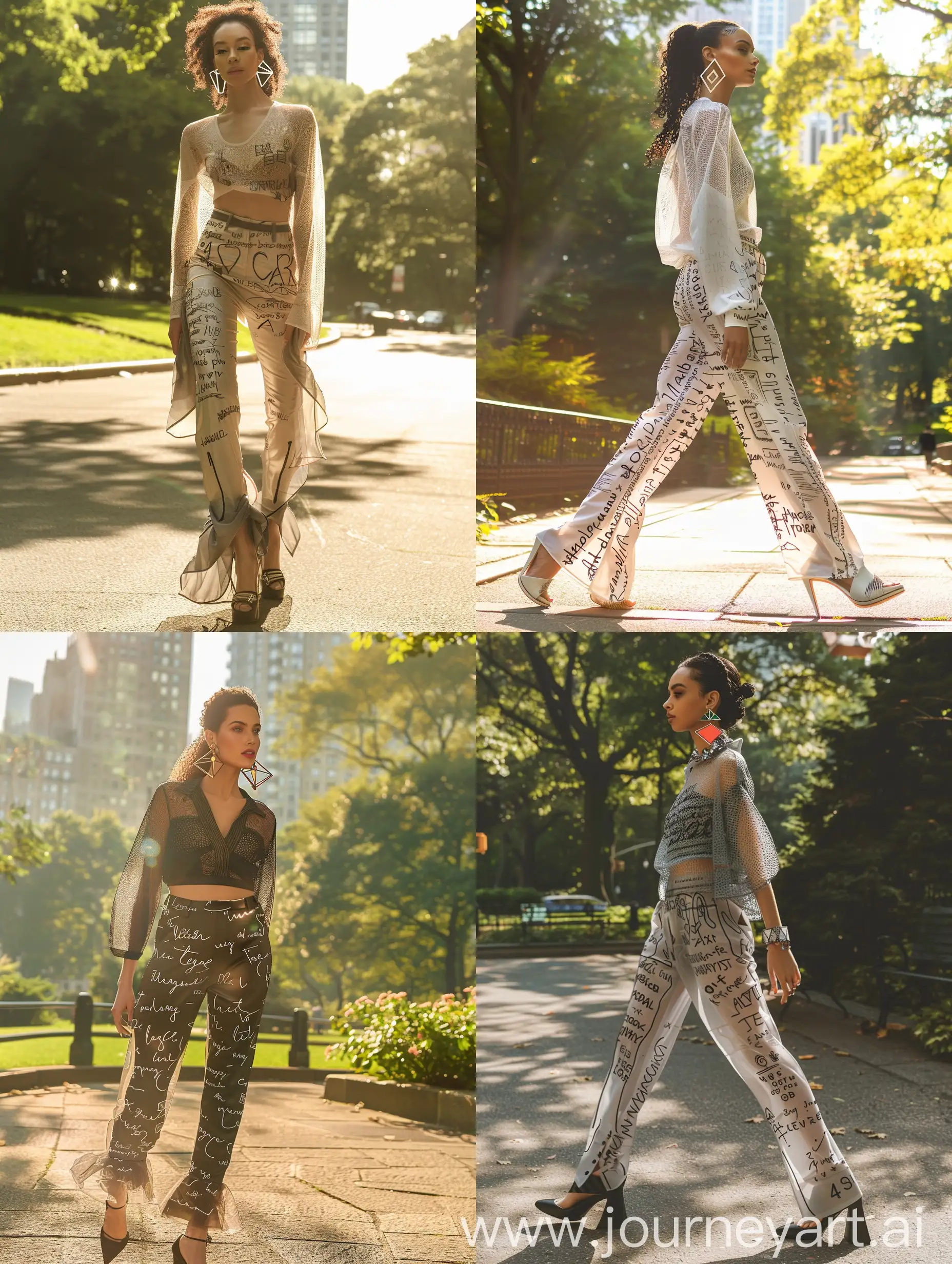 crea modella che sfila nel Central Park, a figura intera, indossa maglia fatta di piccole reti, pantaloni sportivi con scritte  disegnate sui pantalon, indossa orecchini pop geometrici, ha scarpe alte, realistica, alta definizione, c'è la luce del sole, alta qualità, dettagliata, foto vera