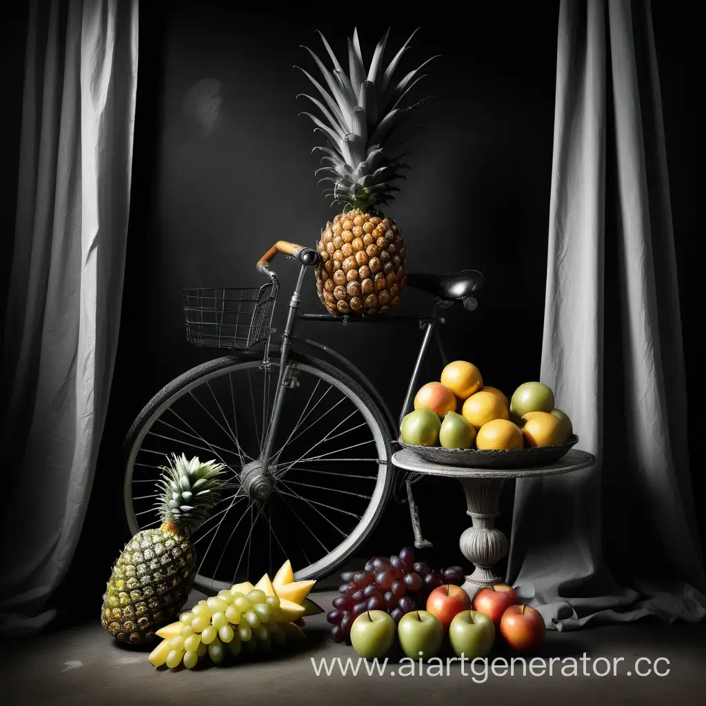 Classic-Still-Life-with-Fruits-and-Pineapple-in-Glass-Vase-on-Royal-Bicycle-Wheel