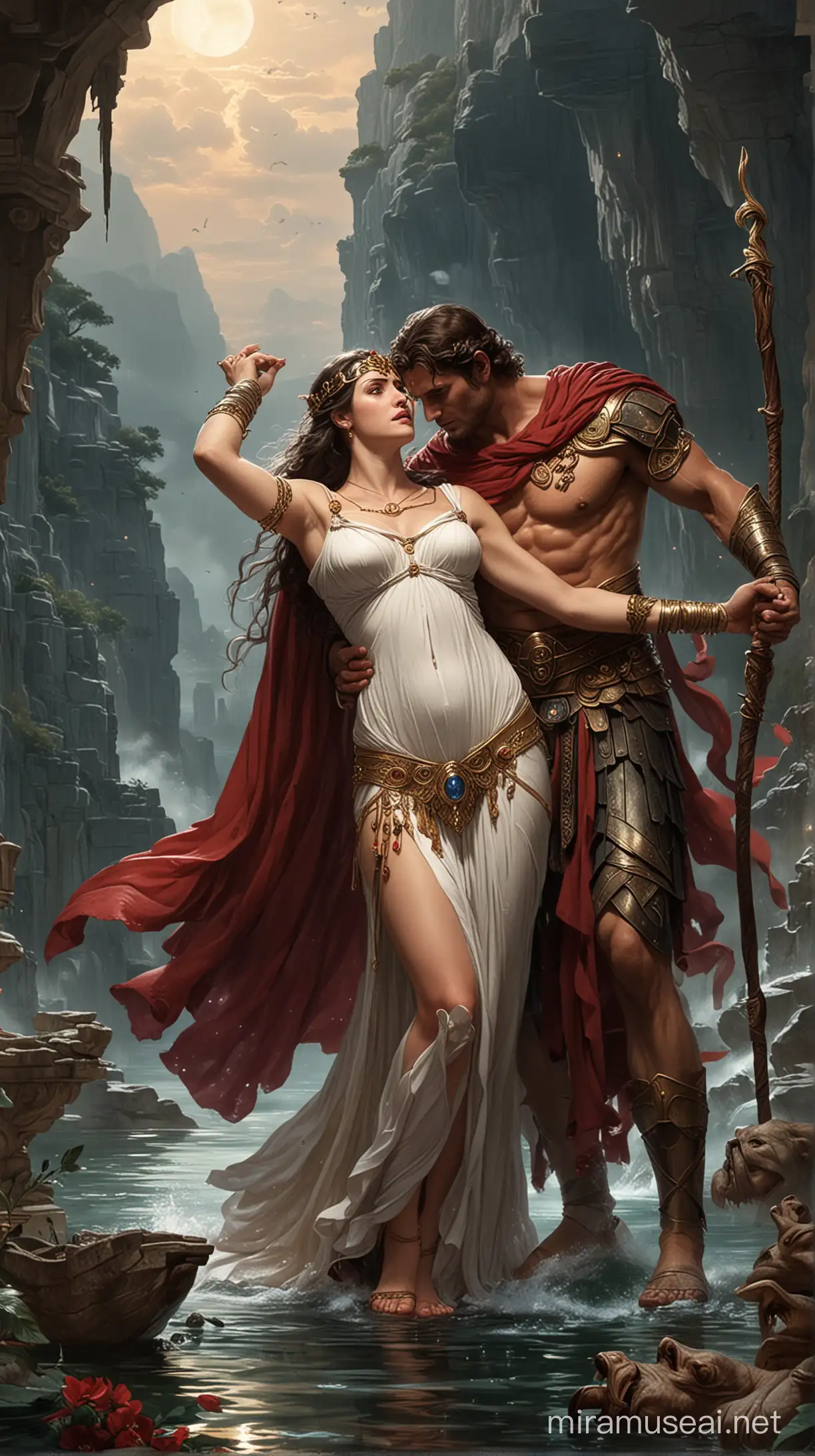 Jason and Medea Embracing in Greek Mythology Scene