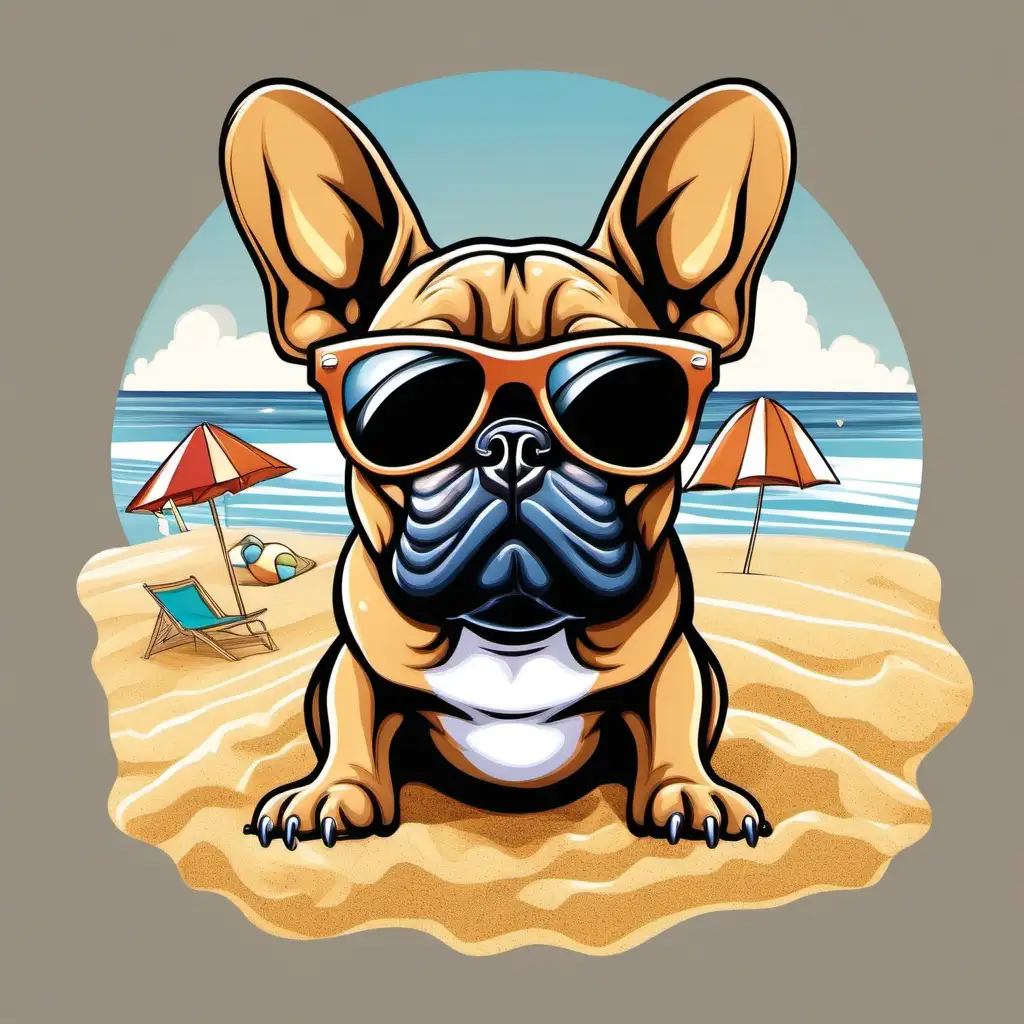Cartoon brown French bulldog in sunglasses on the beach, sand, 7 colors in image, design for a t-shirt