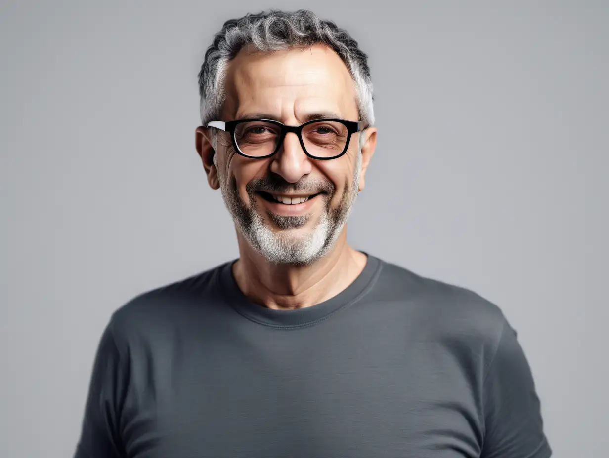 jewish man, realistic, short straight hair, 50 years old, rich, charismatic, happy, extremal, smart, with glasses, stylish, in t-shirt