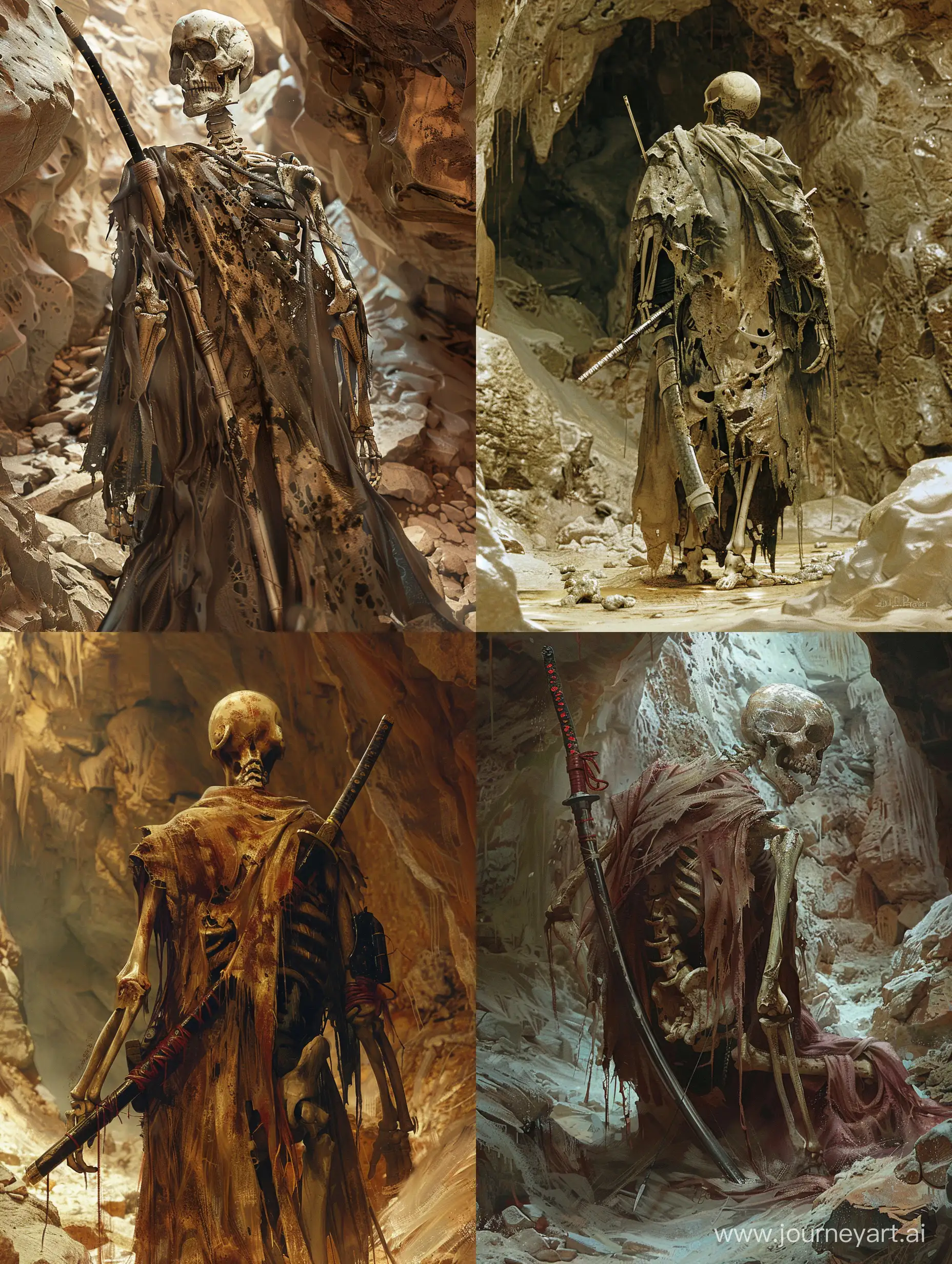 Skeleton warrior with torn robe,naginata  on the back , in a cave-like place underground , horror place , incredible detail,terrifying,Digital Art,Imaginary image,fantasy