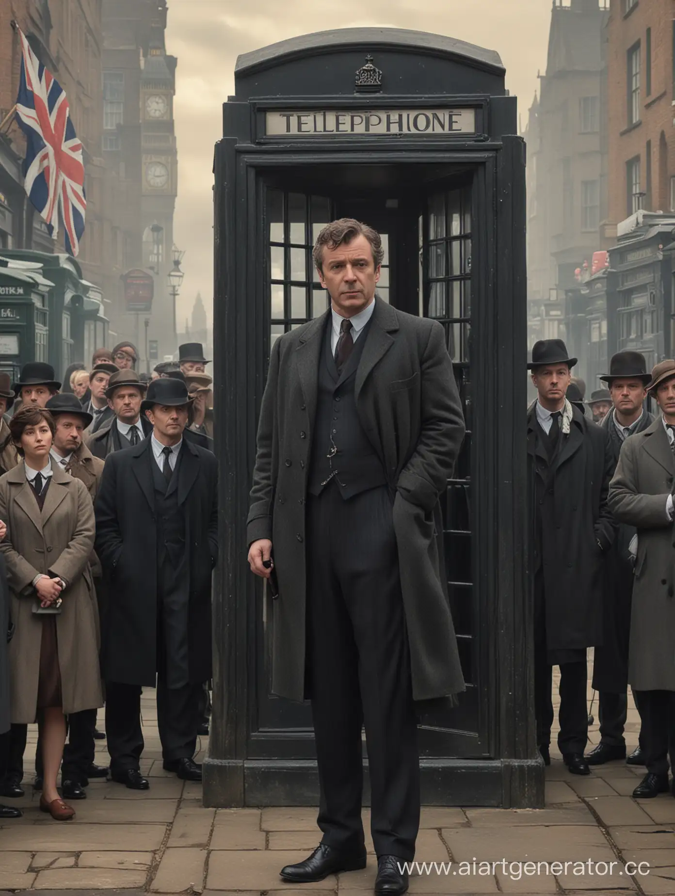 Doctor-Watson-in-Formal-Attire-Amidst-Crowd-and-Iconic-English-Telephone-Booth