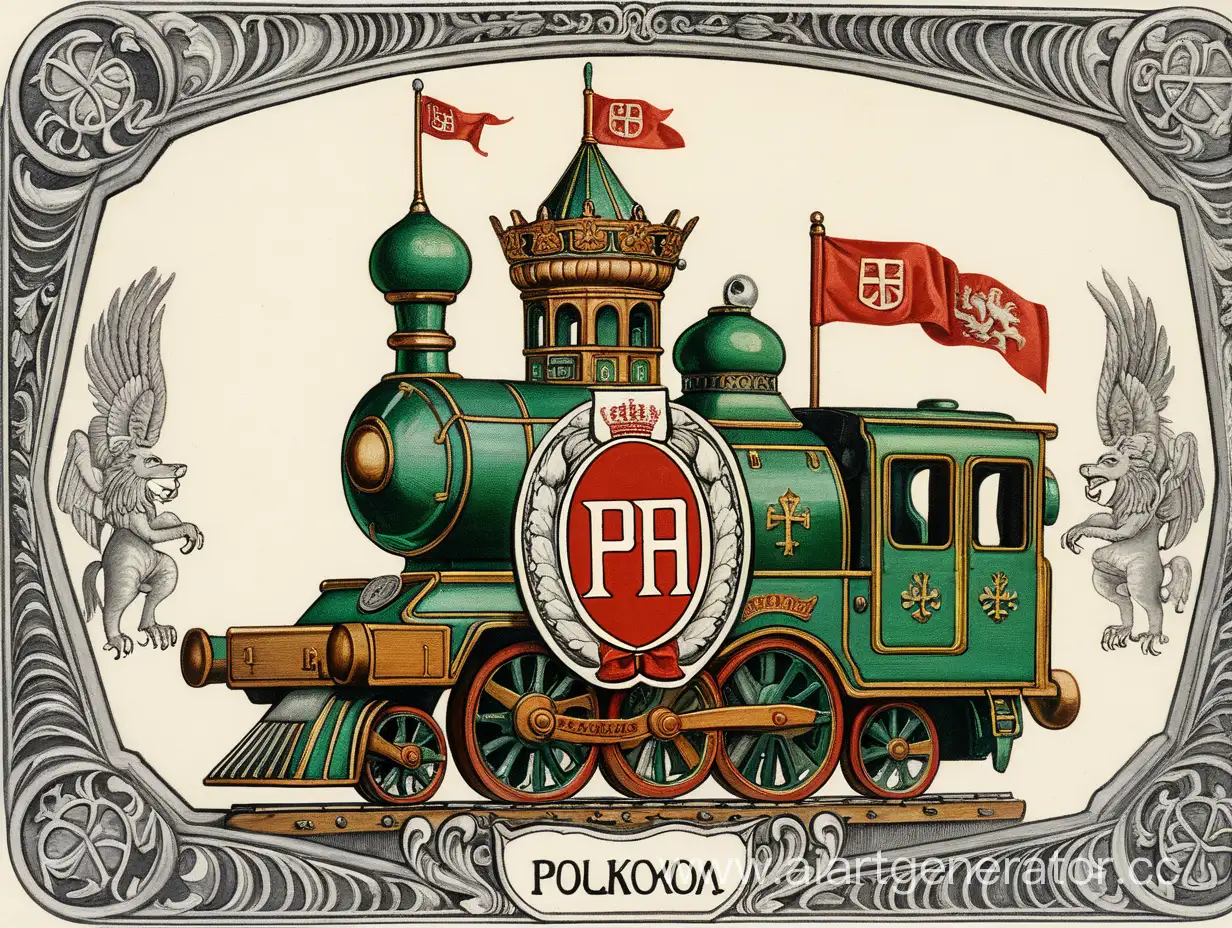 Герб семьи Поляковых с надписью "ПОЛЯКОВЫ" на кириллице. С паровозиком. В стиле рисунока мальчика пяти лет.