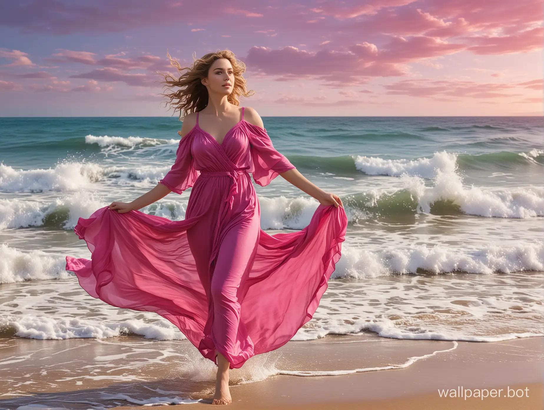 Aphrodite-Goddess-of-Love-Strolling-Seaside-in-Fuchsia-Tunic