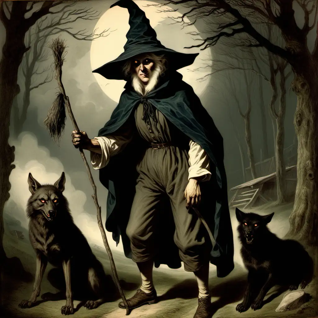 19th Century Shepherd in a Witch Hat Confronts a Werewolf