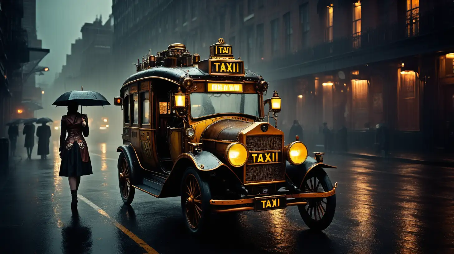 Steampunk taxi large street rain darkness soft light women waiting