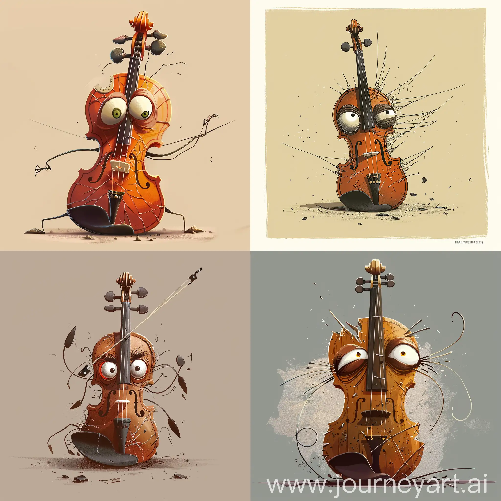 cartoonish character designs of a broken violin with its strings frayed , with eyes and expressions 