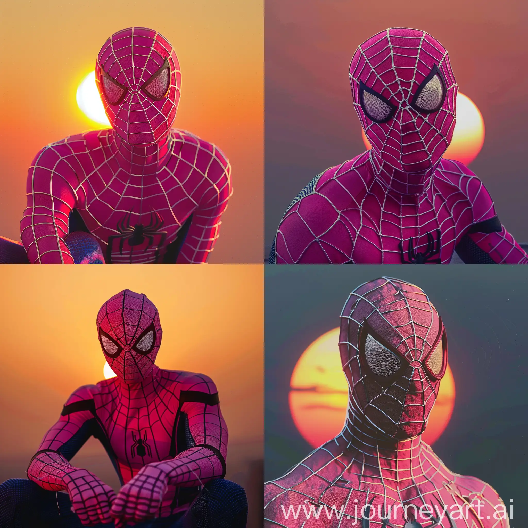 pink spiderman against the background of the setting sun