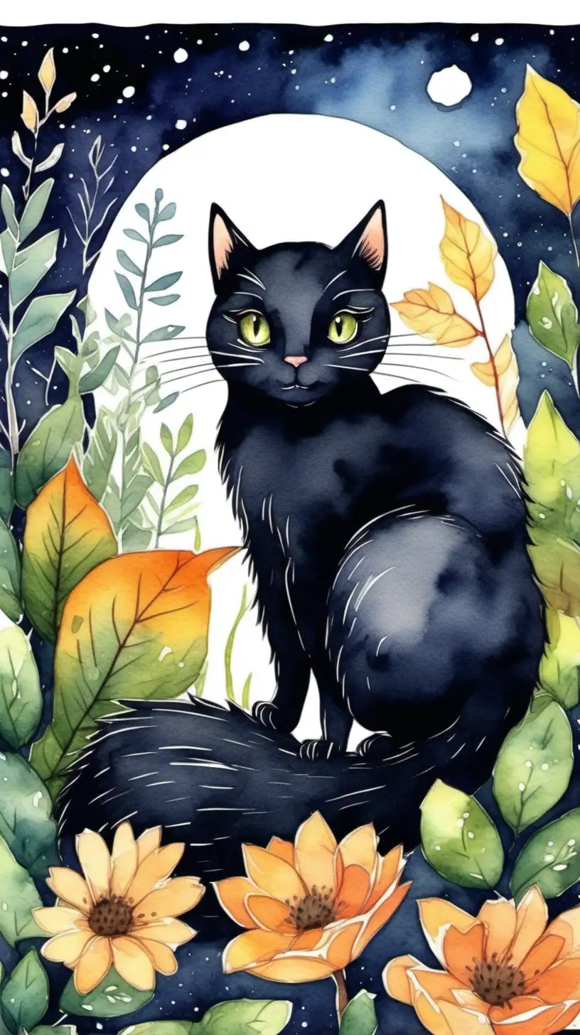 black cat and a squirrel, at night time in a garden in watercolor style