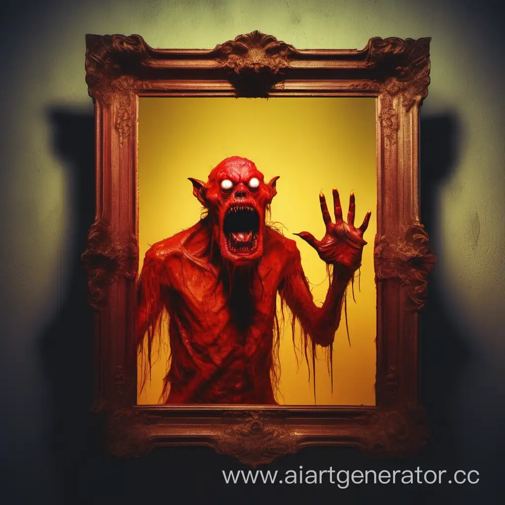 Мужчина смотрит в зеркало, ужасается, видит чудовище, реалистично, мрачно, красно-желтые цвета
