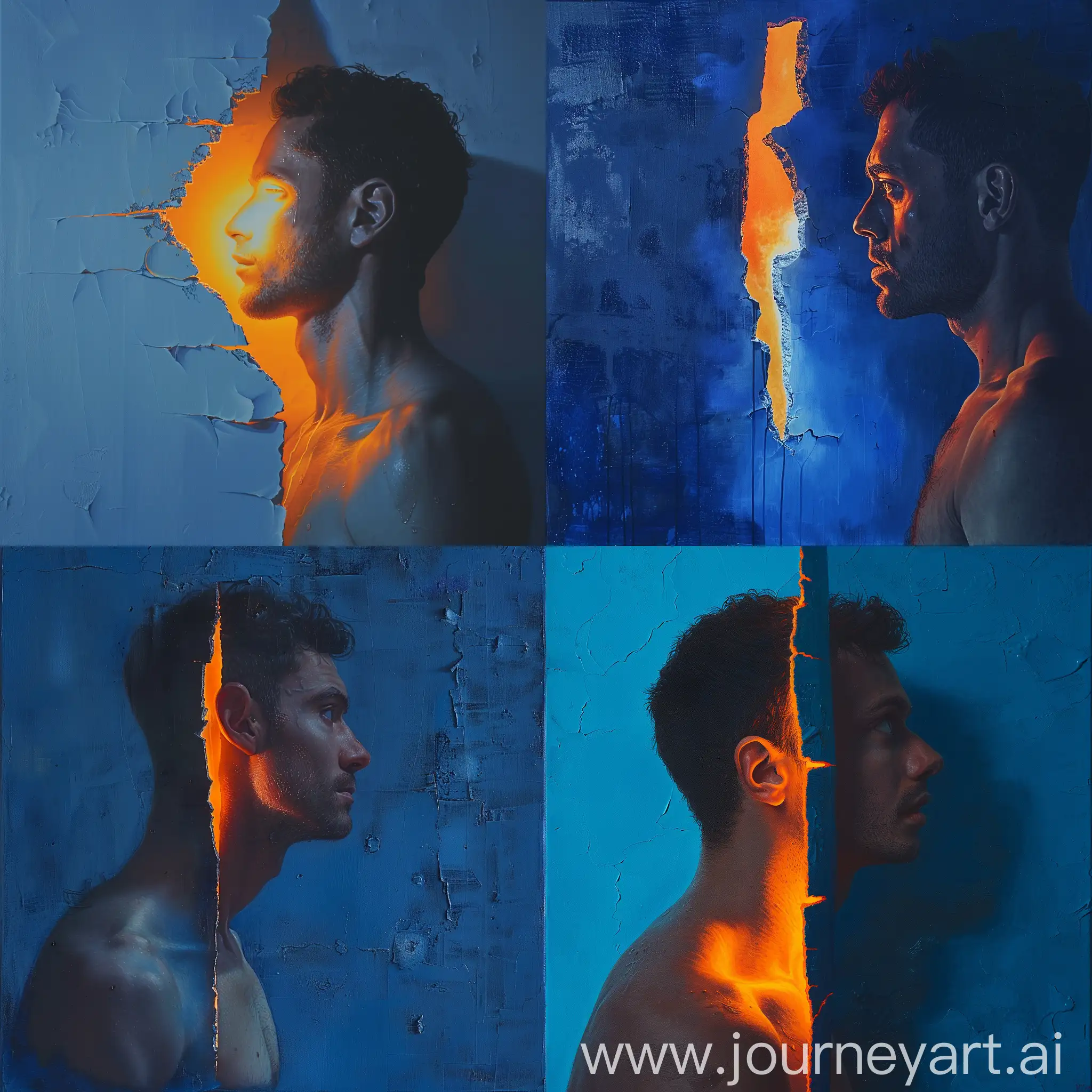 man staring from the side to a tear in blue canvas. From the tear an orange backlight hightlights the face of the man. The face and torso are shown and the man is shirtless