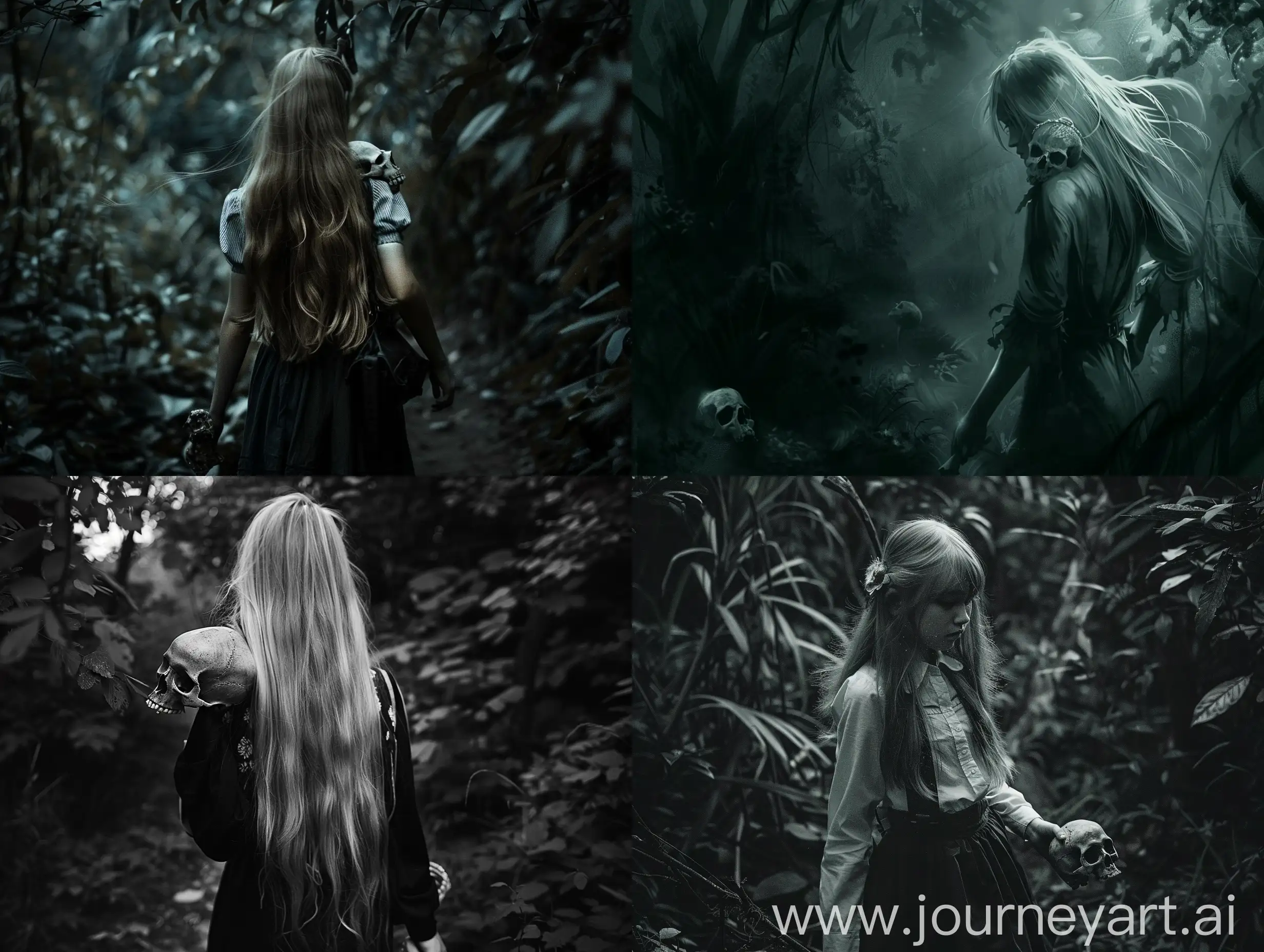 Girl-with-Long-Light-Hair-Holding-Skull-in-Dark-Forest