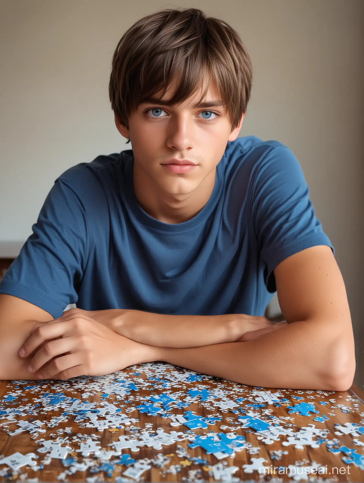 Visible 18 year old boy, one very handsome, brunette shiny straight hair, short hairstyle with long bangs, bright blue eyes with highlights, tanned, athletic figure, detailed rendering of skin hairs and fingers,,sitting at a table over scattered puzzle pieces, in  one hand holds one piece in front of him and looks at it