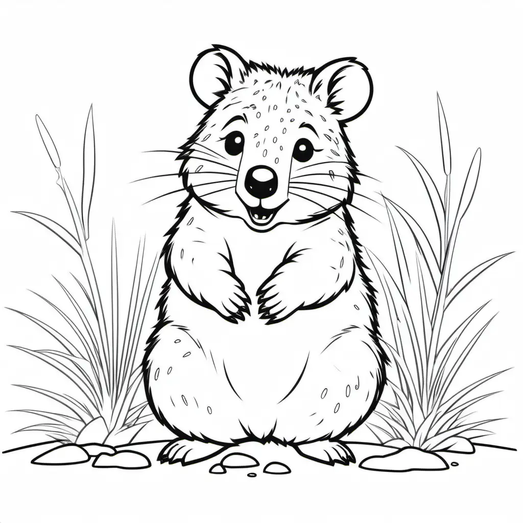 australian quokka image, childrens colouring book, stencil, no background, fine lines, black and white, friendly cartoon, lines only