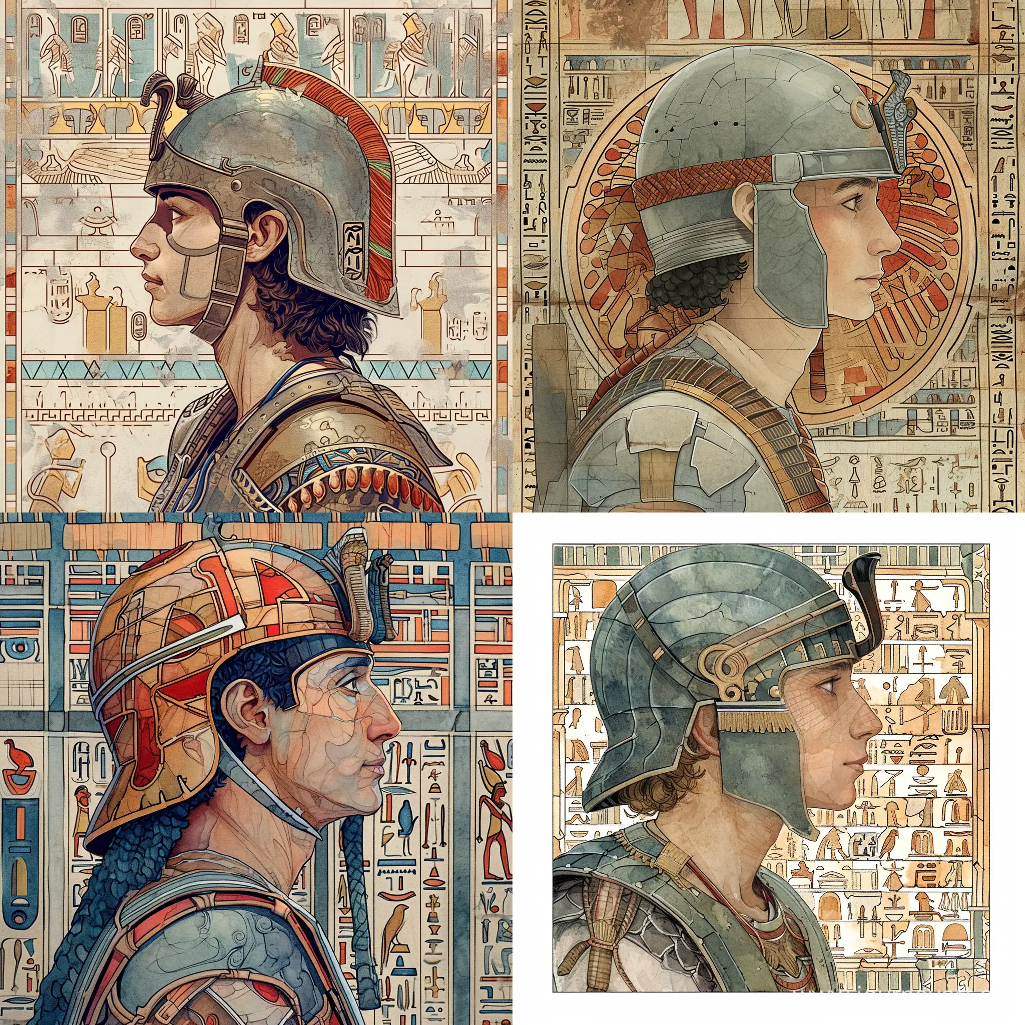  A warrior of Ancient Egypt, a young man, wearing a helmet, in profile, in armor, central portrait, ancient civilization, against the background of the pattern of ancient Memphis, fabulous illustration, stylized caricature, Victor Ngai, watercolor, decorative, flat drawing