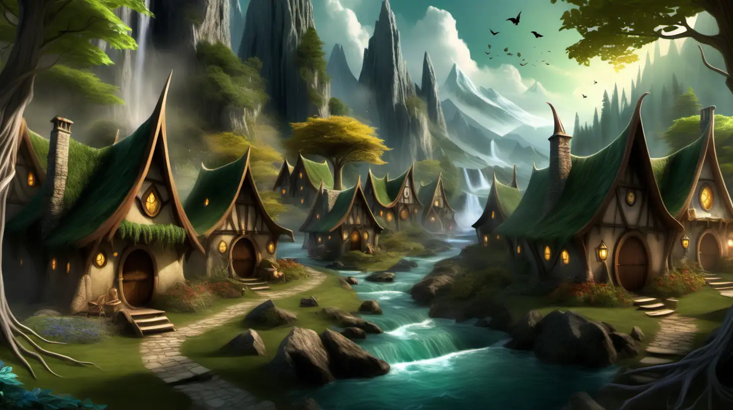 Create an enchanting fantasy digital painting depicting an elven village with woodland creatures, wizards, and magic visual effects portrayed in dungeons and dragons