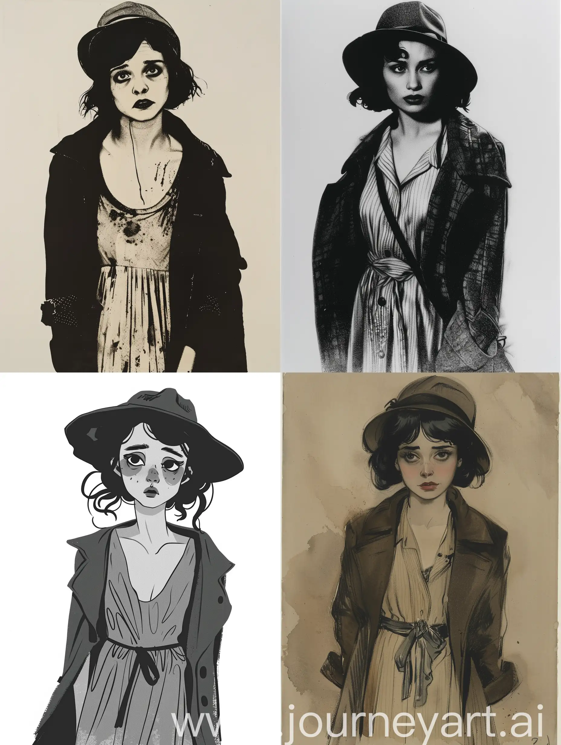 Женщина, тревожный взгляд, черные волосы, грустный взгляд, маленькие губы, одета в платье, накинуто пальто, шляпа.