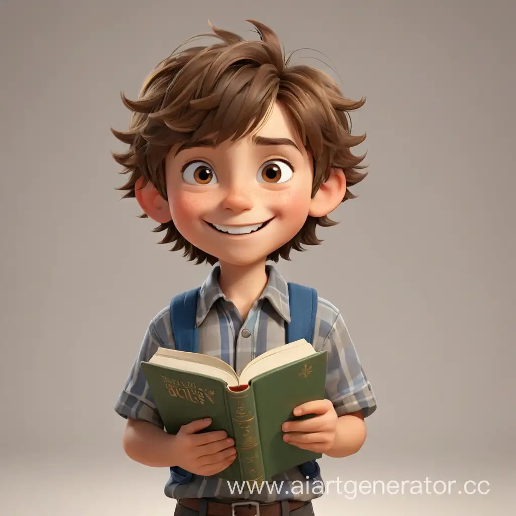 3d 8-year-old boy stands with a book, brown hair, joyful face