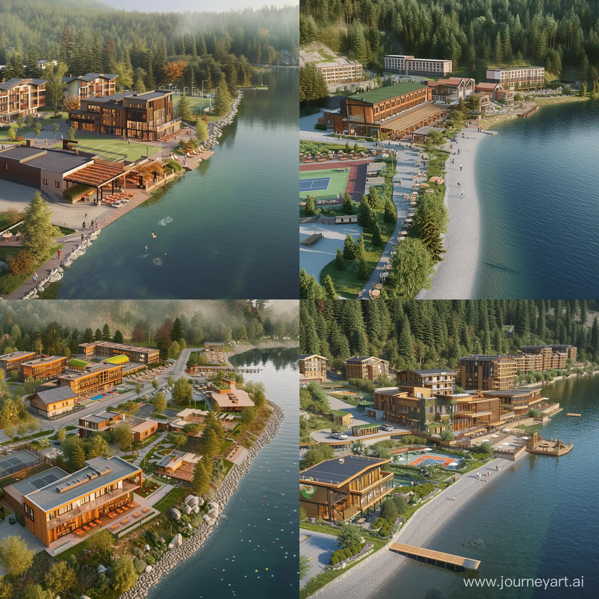 visualization of an urban development project with landscaping along the lake and a sanatorium complex  A flat area along the lake, on one side of which there is a mixed forest, and on the other there is the infrastructure of the settlement.  On the shore of the complex there is a sanatorium complex consisting of several buildings: the main one is a three-storey hotel, a sports center with an outdoor pool, a tennis court, a training ground, a medical building with a sauna, an entertainment center with an outdoor cinema and a restaurant.   The buildings of the sanatorium complex are made in the same architectural modern minimalist style: with panoramic windows, bright facades, large terraces.   To the left of the complex there is a residential residential complex with buildings of 3-6 floors. The houses are made in eco-style with wooden and stone elements on the facades. There are only about 10 houses in the complex. on the territory of the complex there is a bakery and a cafe with an open veranda, a sports ground with tables for