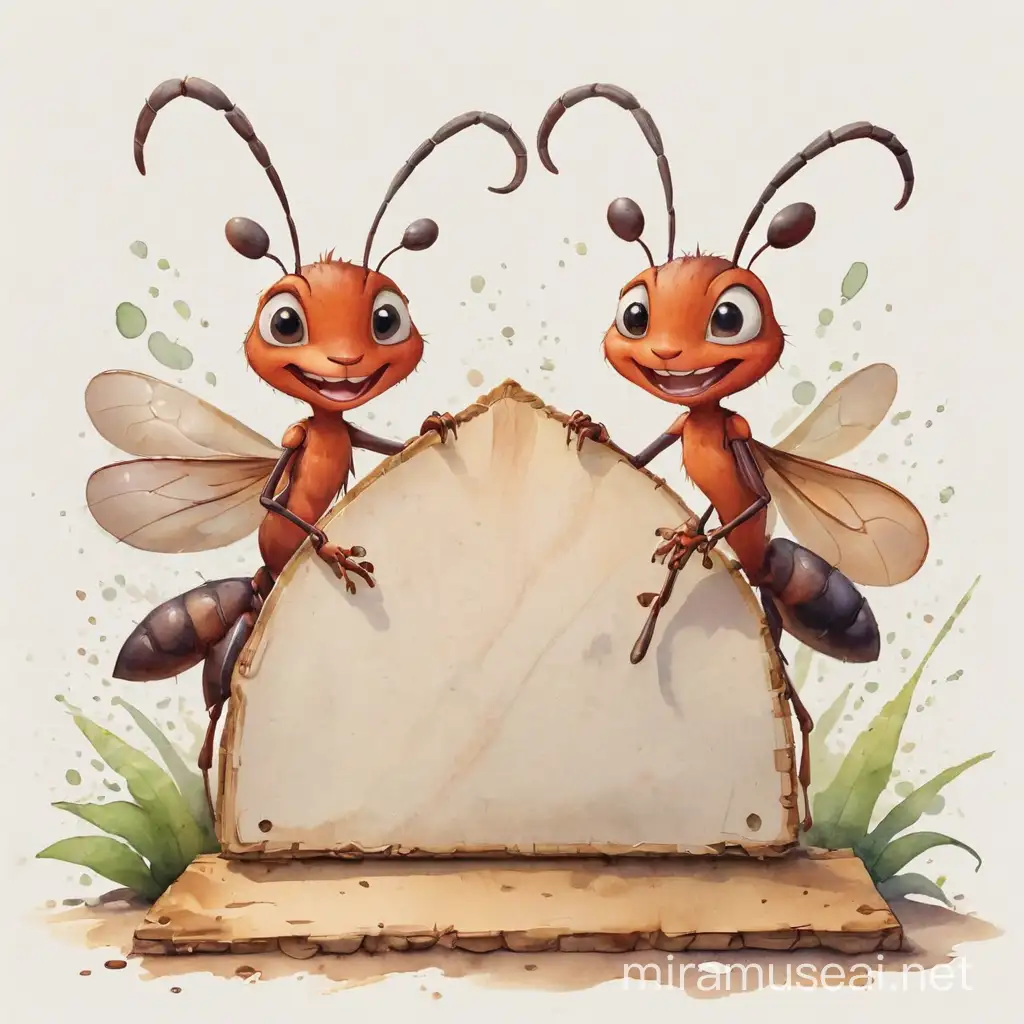 two cute ants raising up boards with competition result marks 10, watercolor, children boog illustration, white background