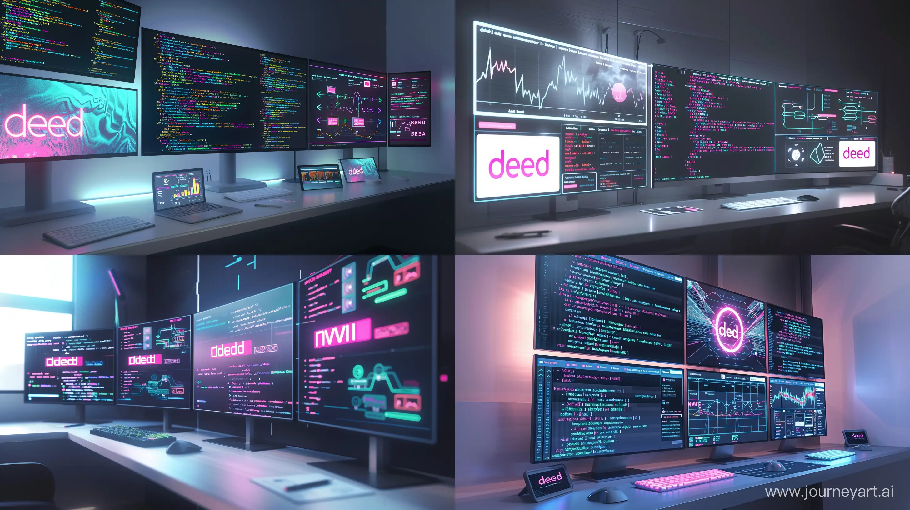 Digital artwork of a futuristic workspace for a machine learning engineer working on the "deed" app, featuring a sleek main display with complex code snippets glowing in soft neon colors, emphasizing the cutting-edge nature of inference services and search systems. To the side, a secondary screen showcases an image feed, vibrant and dynamic, representing real-time data processing and AI-driven content curation, with the "deed" logo prominently displayed in pink on a white background, symbolizing the brand's identity. Another monitor displays intricate Graphana monitoring graphs and charts, highlighting system performance and operational metrics in vivid colors. A fourth display presents a detailed diagram including Redis, NVIDIA, Mongo, and RabbitMQ components, interconnected to depict the sophisticated architecture behind the high-performance systems. The environment is bathed in ambient light, casting soft shadows and creating a mood of focused innovation. The composition is carefully balanced, with each element positioned to guide the viewer through the various aspects of machine learning engineering work, blending technical precision with artistic flair --ar 16:9