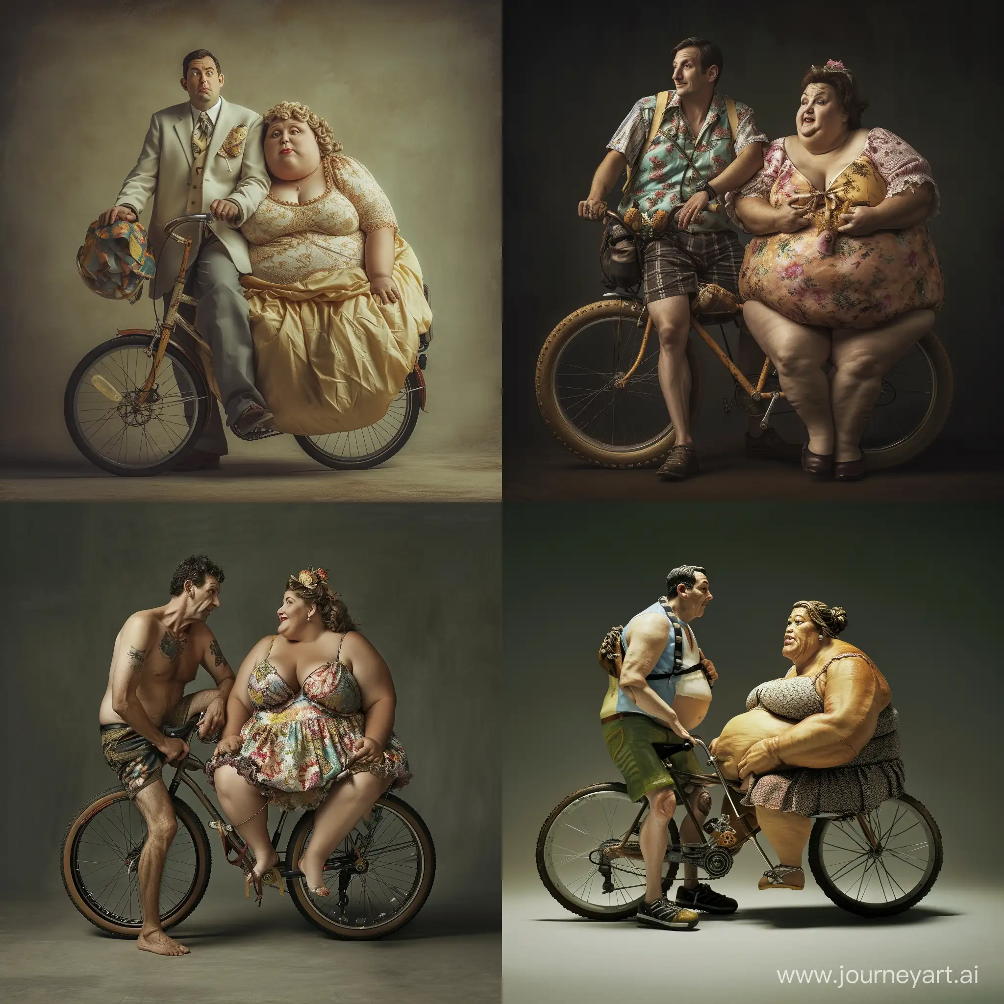 A very real very thin man with a very real very fat woman sitting on a bicycle --v 6 --ar 1:1 --no 21644