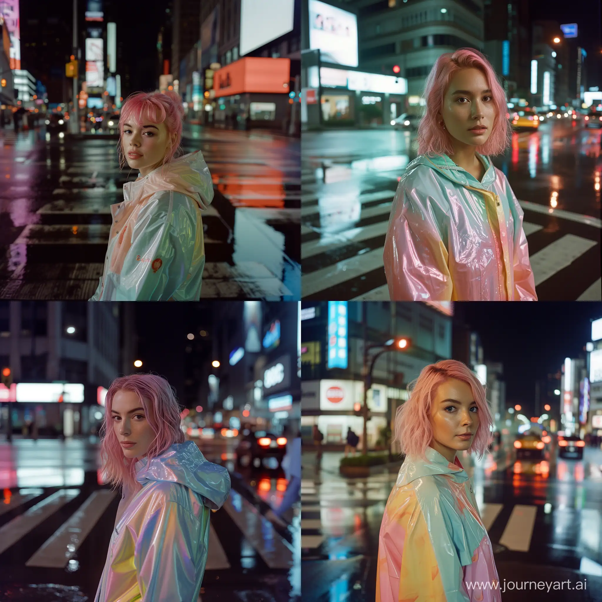 8k photo portrait of a woman with pink hair in a pastel raincoat, looking at the camera, at a bustling crosswalk at night, wet reflections, Highly Detailed, Vibrant, Production Cinematic, reflections on wet street, 8k, film grain, 70mm, Portra 800