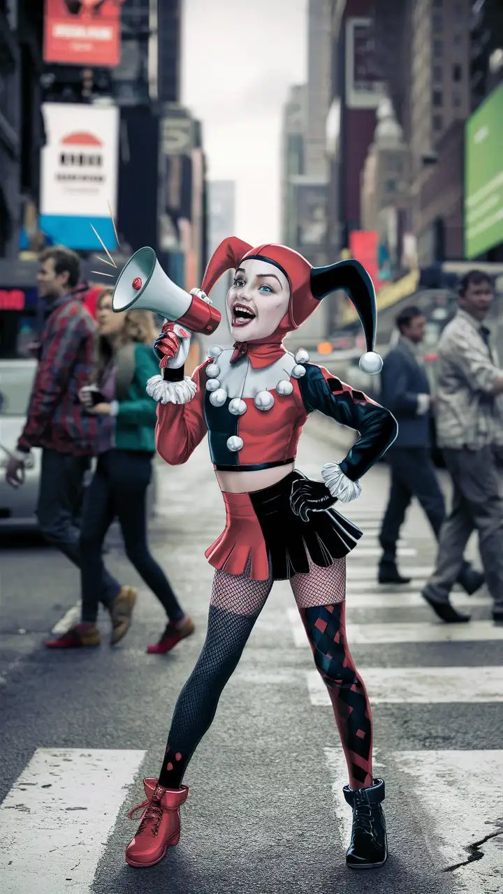 6 year old Harley Quinn standing on the streets shouting. Daytime 