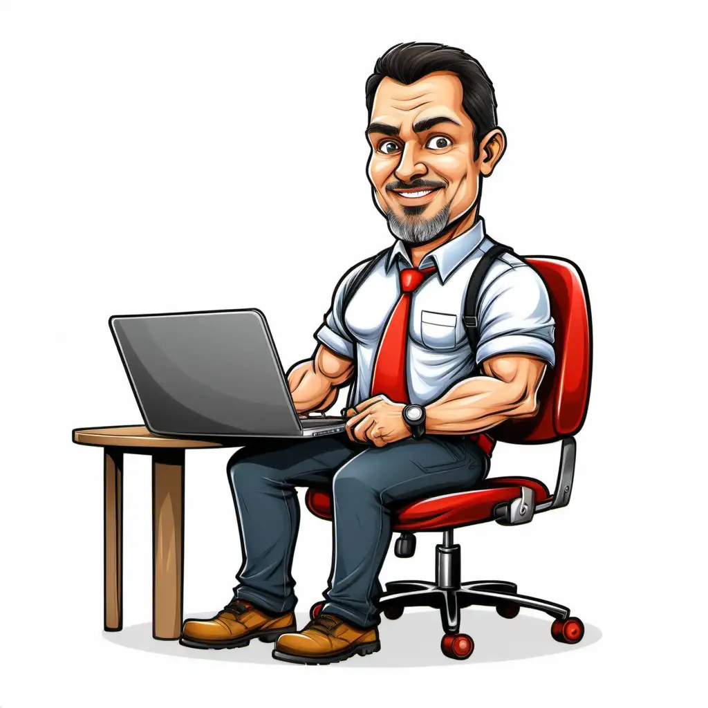 FANNY STRONG GUY AROUND 40 YEARS OLD,BEAUTIFUL FACE,MANAGER MAINTANANCE,CHAIR,OFFISE,LAP TOP,MAINTANANCE TOOLS,CARTOON,DETAILED,WHITE BACKGROUND