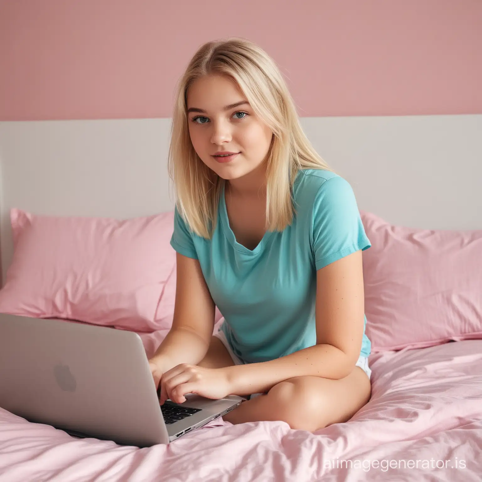 Thirteen years old curvy blonde girl with straight hair in white short and teal top playing on a 14" laptop on her pink bed