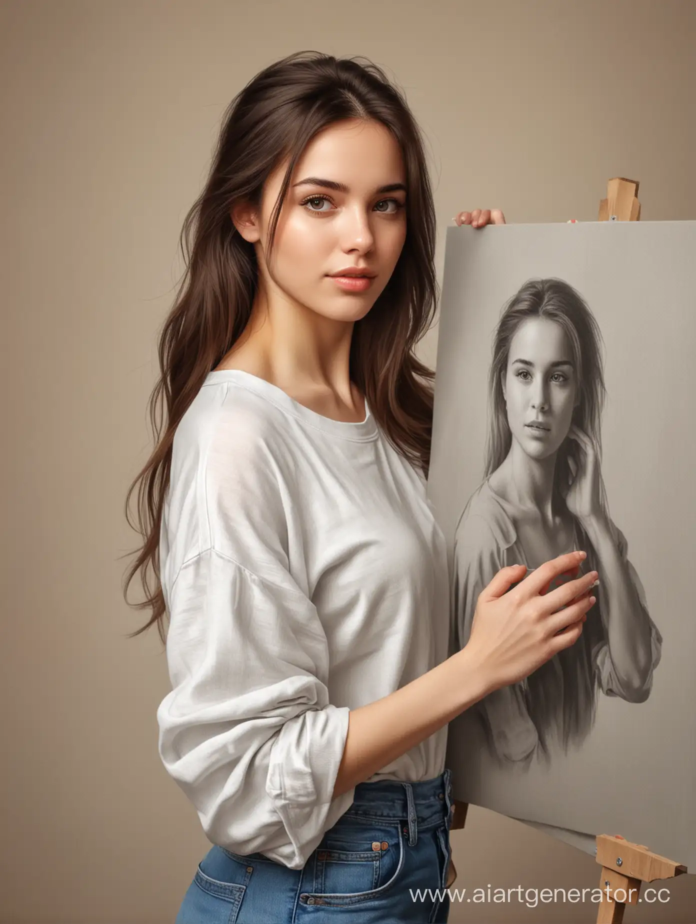 Beautiful-Young-Woman-Holding-Realistic-Portrait-on-Canvas