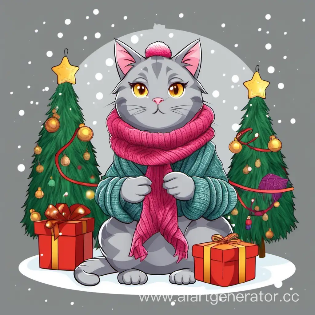 Серый кот в шапке дракона вяжет шарф под новогодней ёлкой