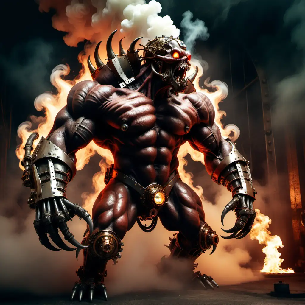 Steampunk Evil Beast Breathing Fire in Hell