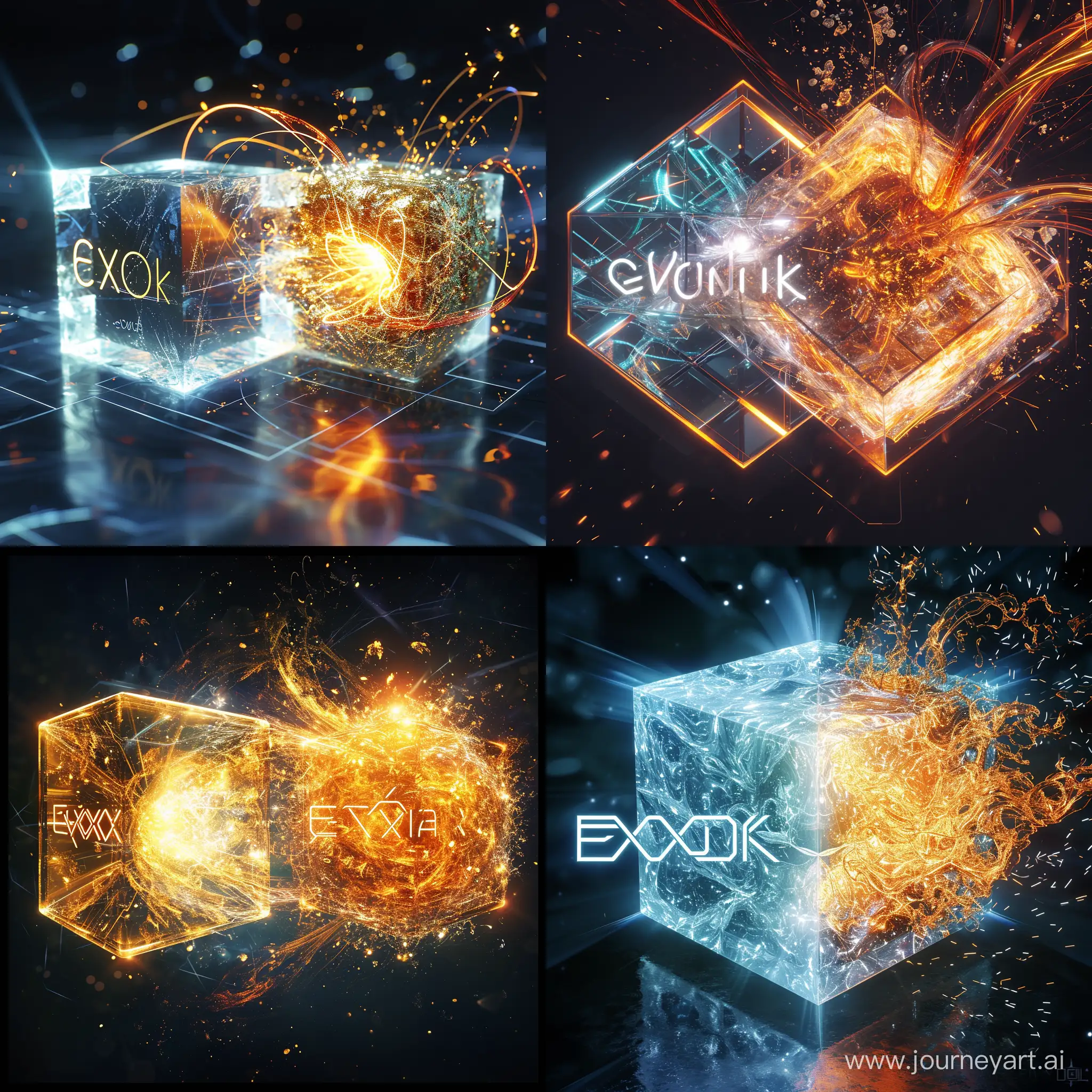 Write the words "Evok" to the left and "eXura" On the right side of a futuristic and super realistic cube, with its energy core almost exploding, 16k, swirling and shifting in a mesmerizing display of light and color.