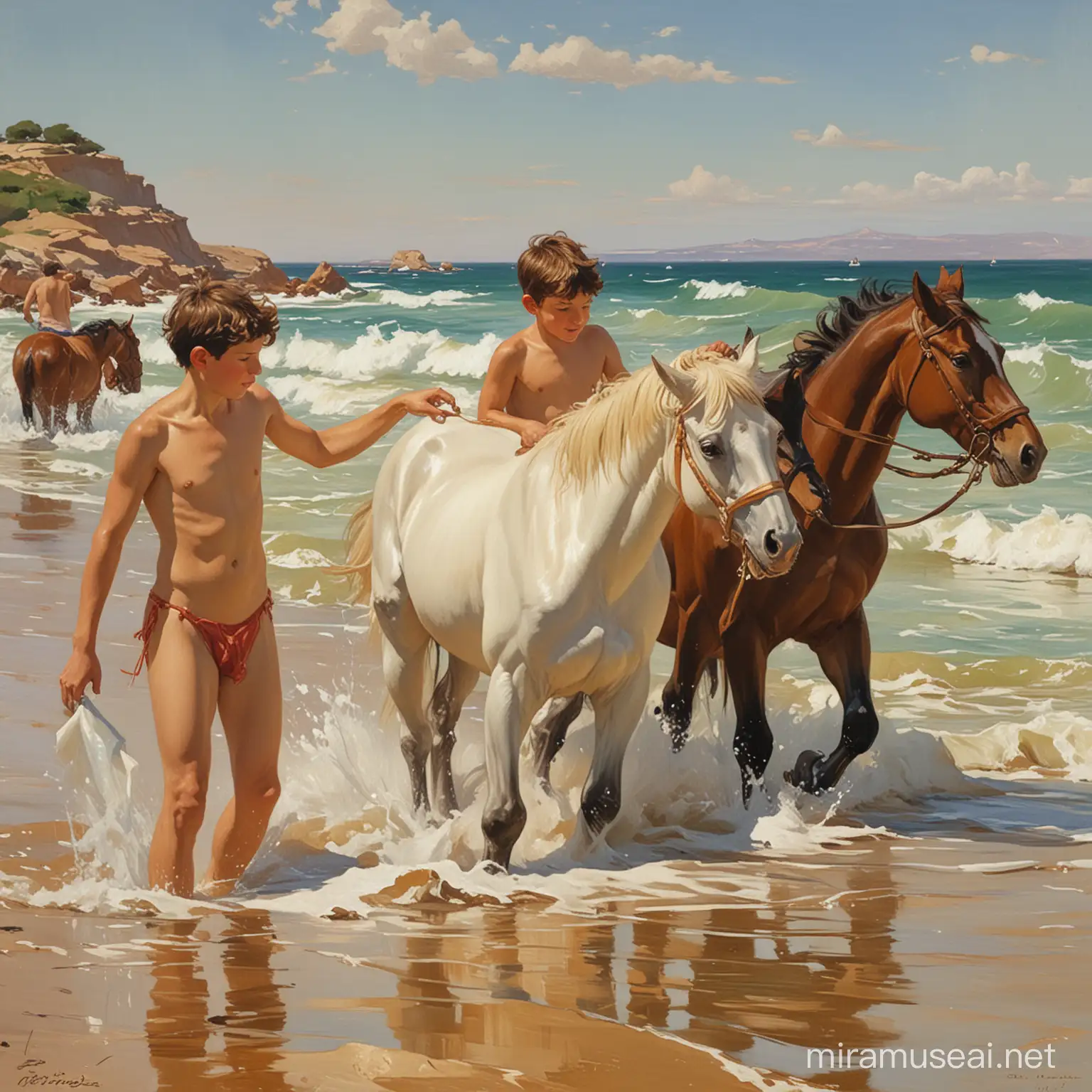 картина в стиле Хоакин Соролья, эпическая картина купание коней ,мальчишки купают коней