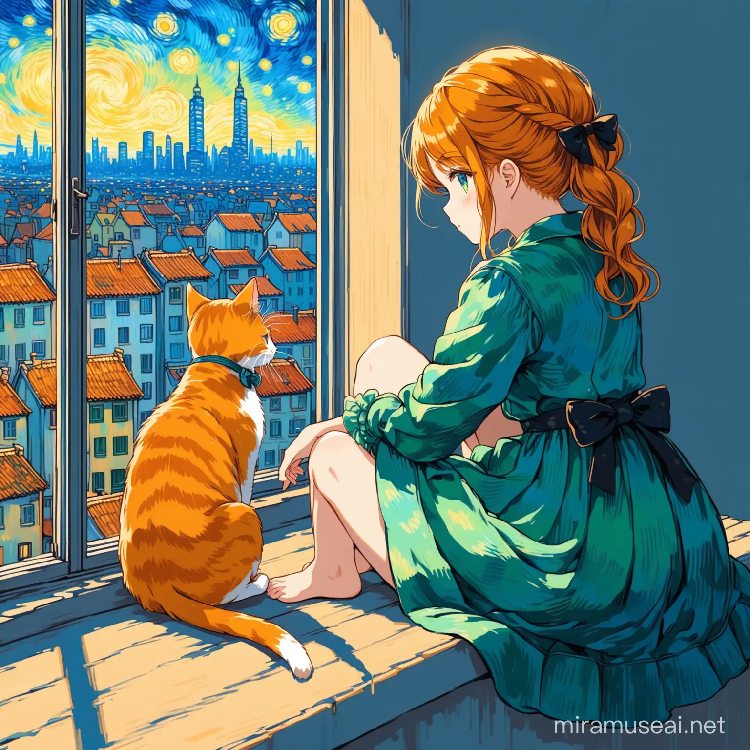 Cute anime girl wearing kawaii outfits with cat perched on window sill, gazing at the urban skyline. Painting. Van Gogh style. HD. Best quality 