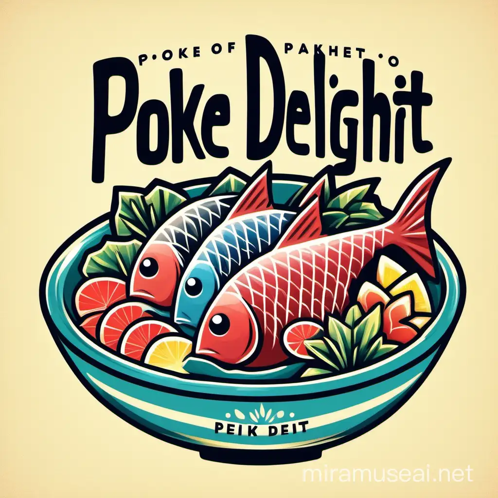 draw a fun logo for a bowl of a hawaii poké fish dish using nice typography saying "Poke Delight"