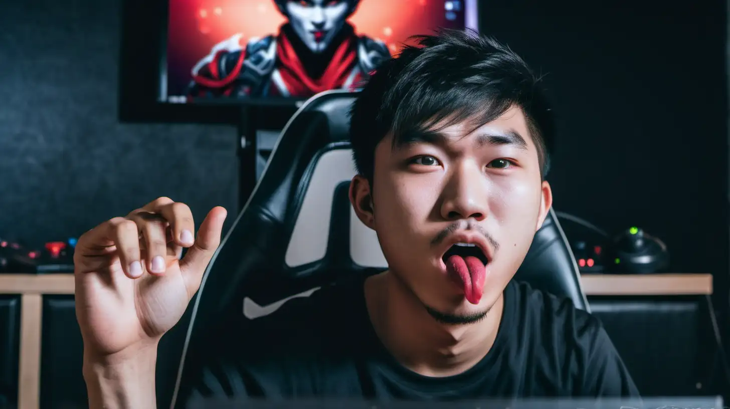 A half body shot of an asian gaming streamer whose eyes widen while licking his lips in satisfaction as he is seated in his gaming room
