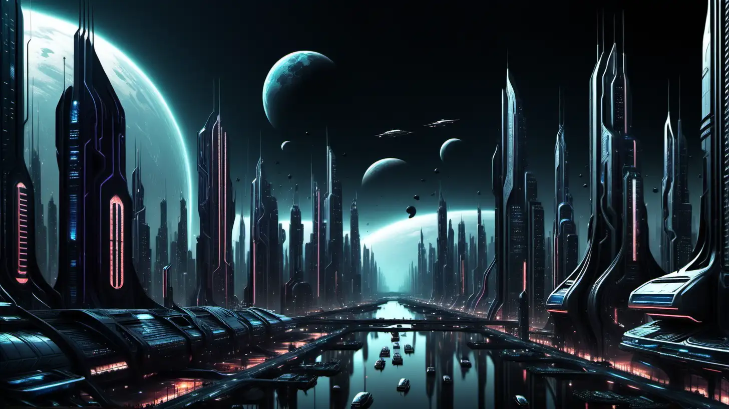 Futuristic city, sci-fi, dark theme